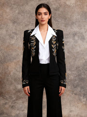 Beaded Embroidered Cropped Black Blazer-boutique