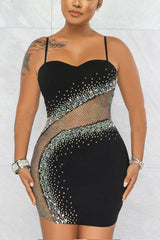 Sexy Rhinestone Patchwork Mesh Bodycon Dress