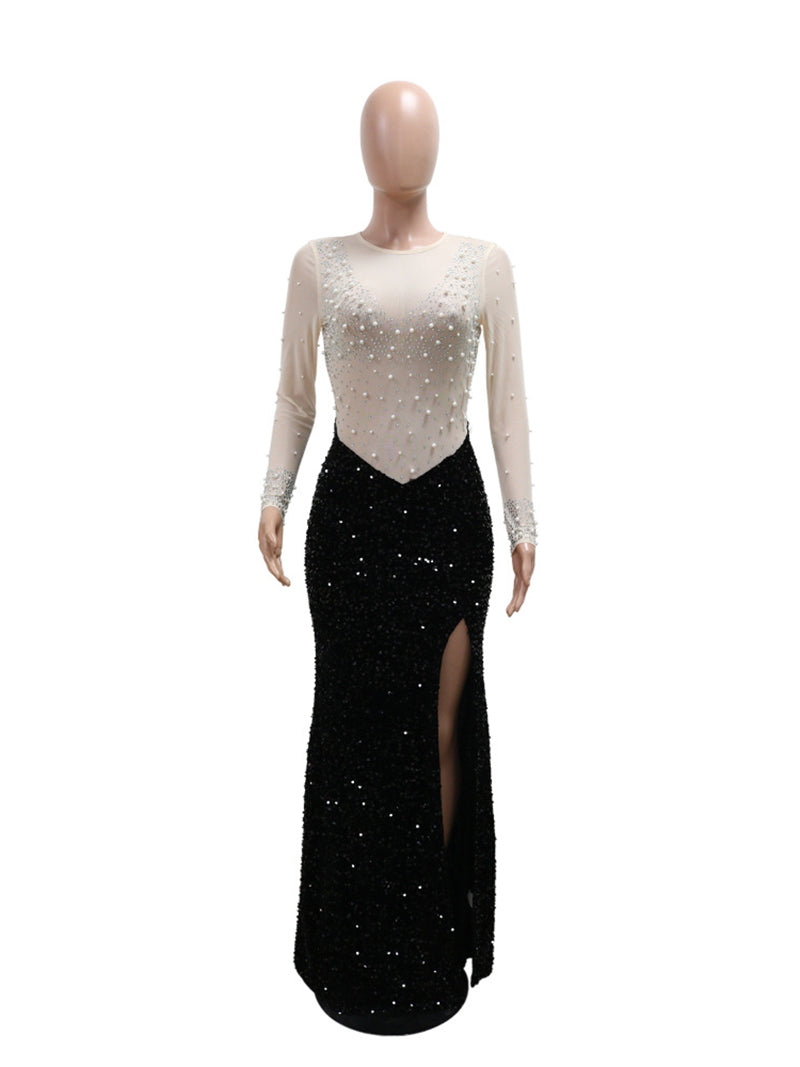 Round neck Rhinestone Split Maxi Evening Gown