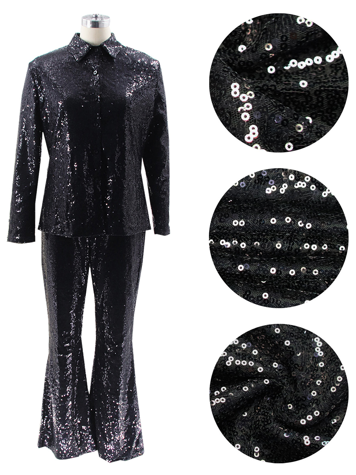 Fashion Sequin Shirt Wide Leg Pants Sets