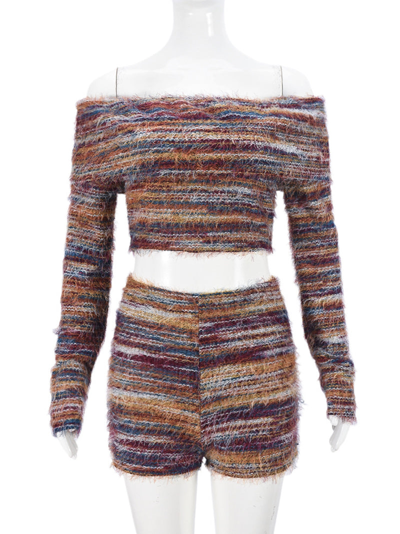Sexy Knit Colorblock Off Shoulder Shorts Sets