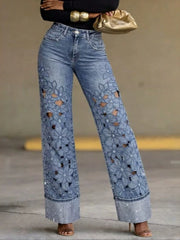 High Waist Lace Insert Wide Leg Denim Jeans