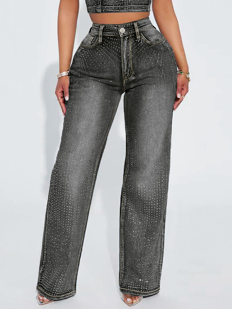 Casual Rhinestone Embellished Straight Leg Jeans