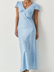 Elegant V-Neck Print High Waist Maxi Dress