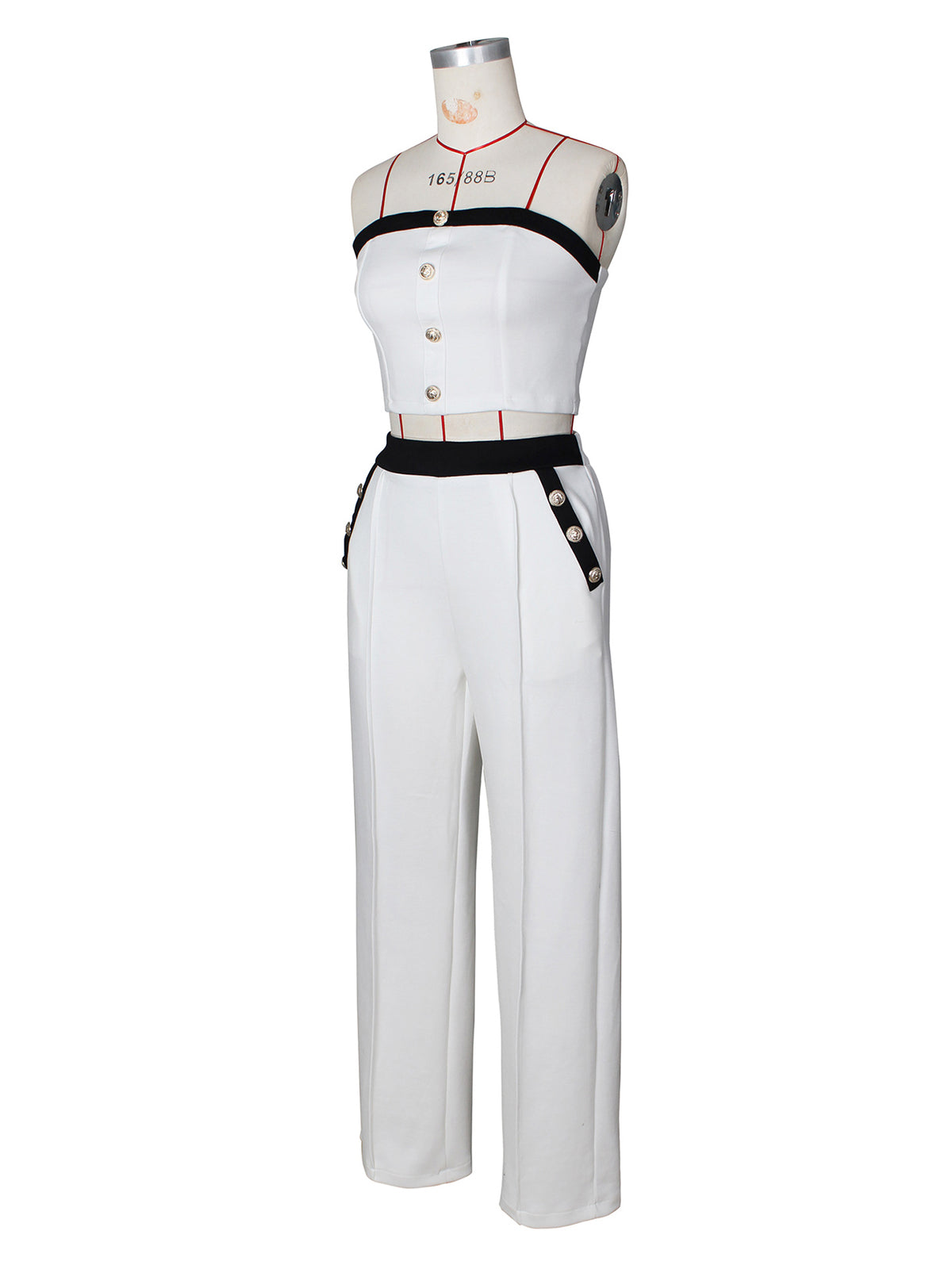 Sexy Color Block Decorative Button Straight Pants Set