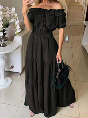 Fashion Off Shoulder Ruffle Cinched Waist Maxi Dress