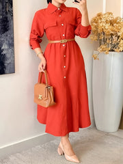 Elegant Button Up Long Sleeve Lapel Midi Dress