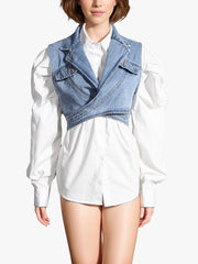 Fashion Loose Button Down Shirt With Denim Vest Sets