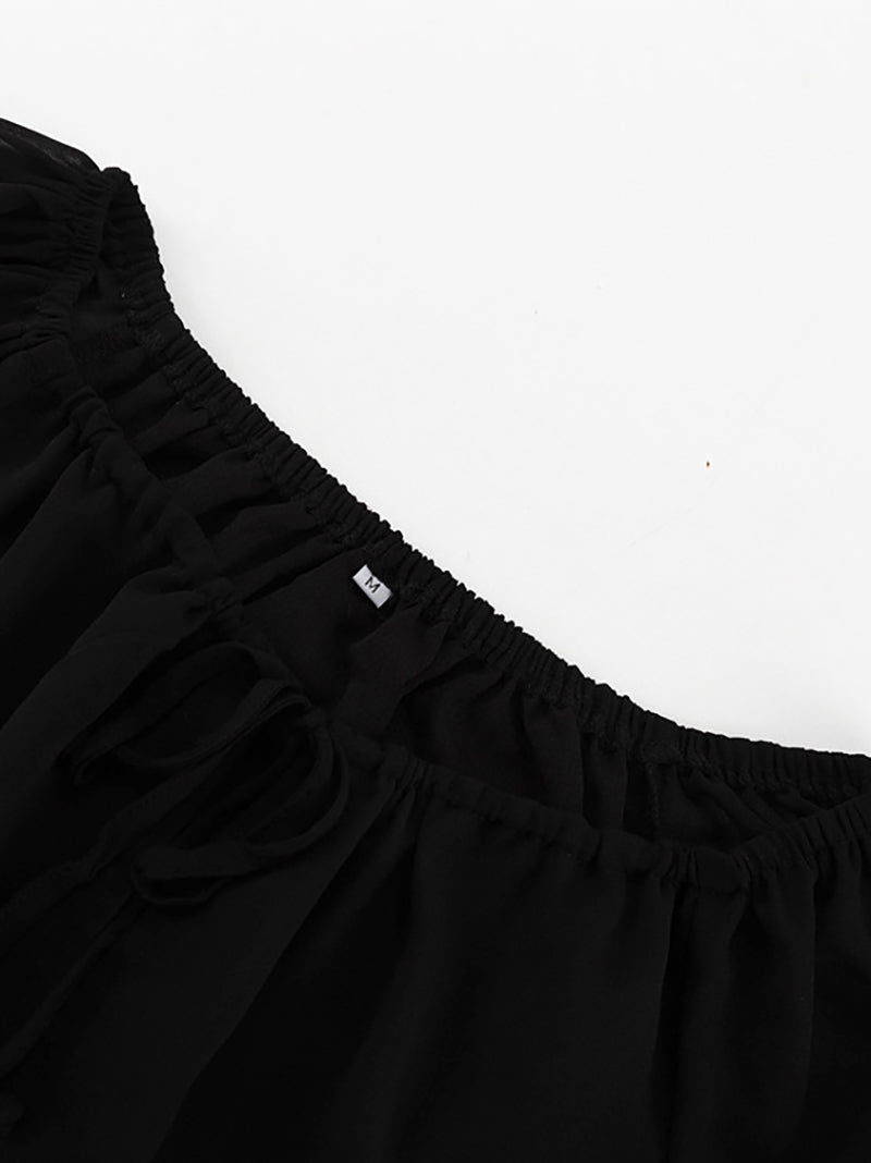 Casual V-neck Sheer Mesh High Waist Pleated Mini Dress