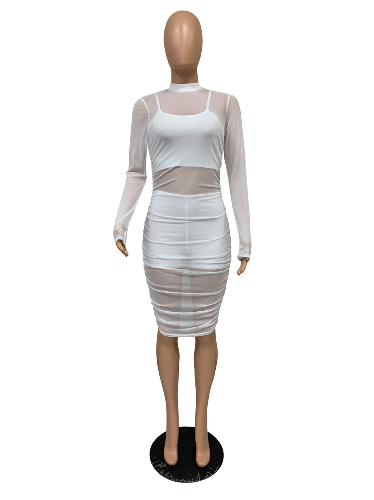 Sexy Sheer Mesh Ruched Bodycon Dress 3 Piece Sets