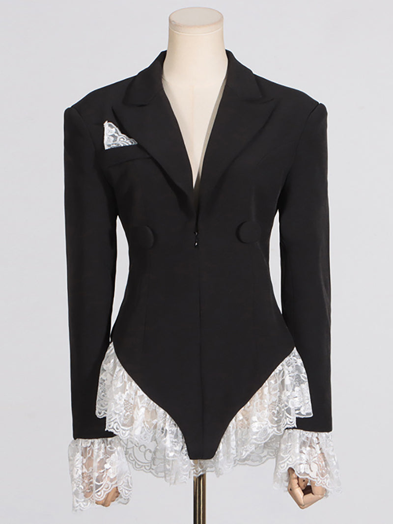 Elegant Lace Patchwork Ruffles Blazer Bodysuit