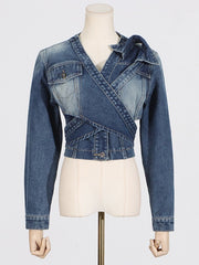 Asymmetric Tie Front Cropped Denim Jacket-boutique