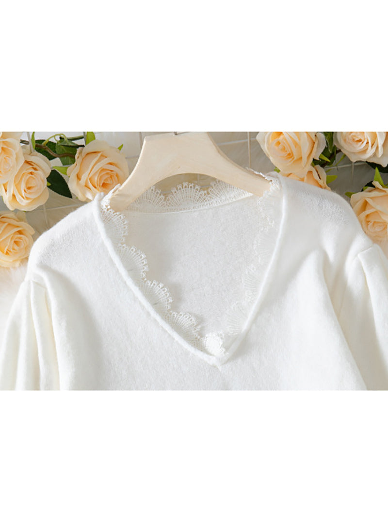 Elegant Lace Patchwork V-Neck Long Sleeve Sweater