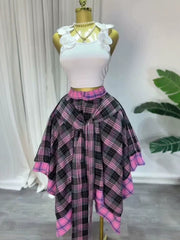 Plaid Tie Waist Asymmetric A Line Skirt
