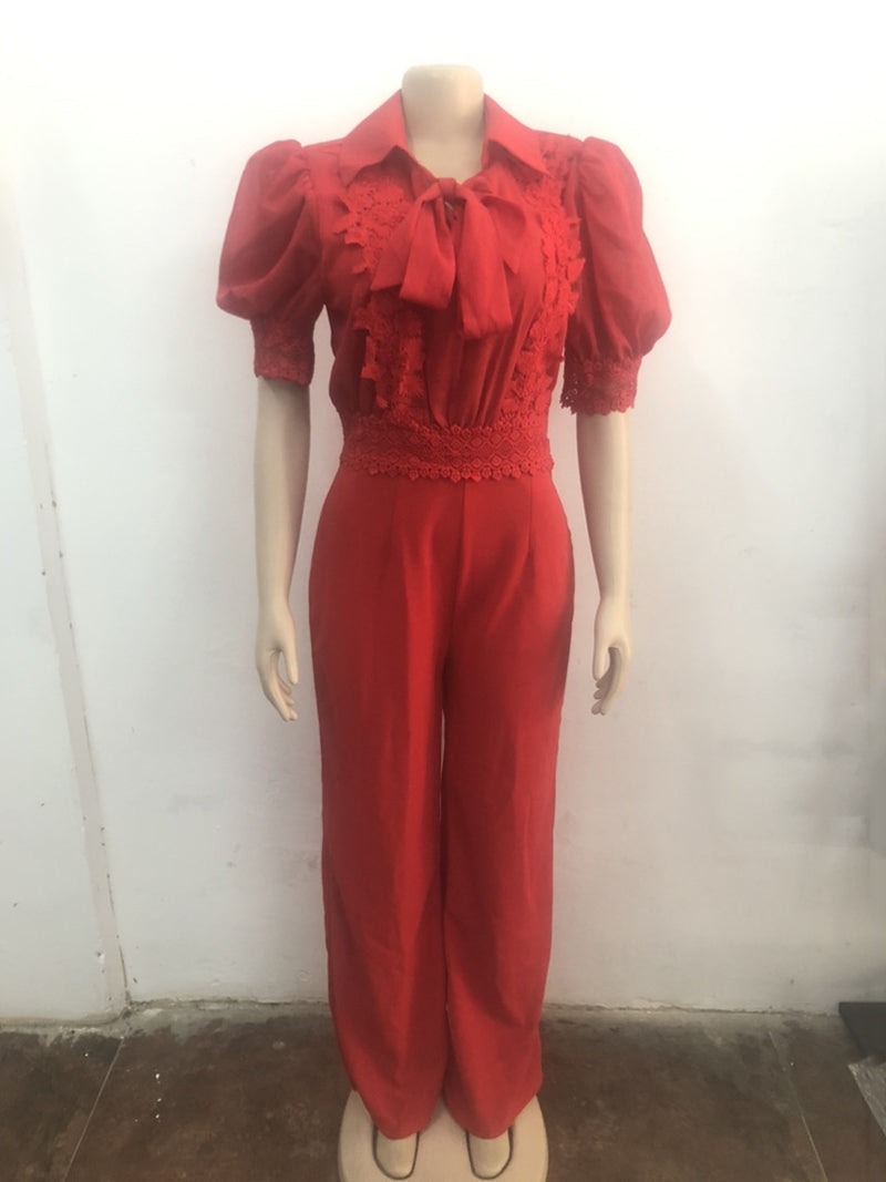 Elegant Lace Patchwork Tied-Neck Jumpsuit