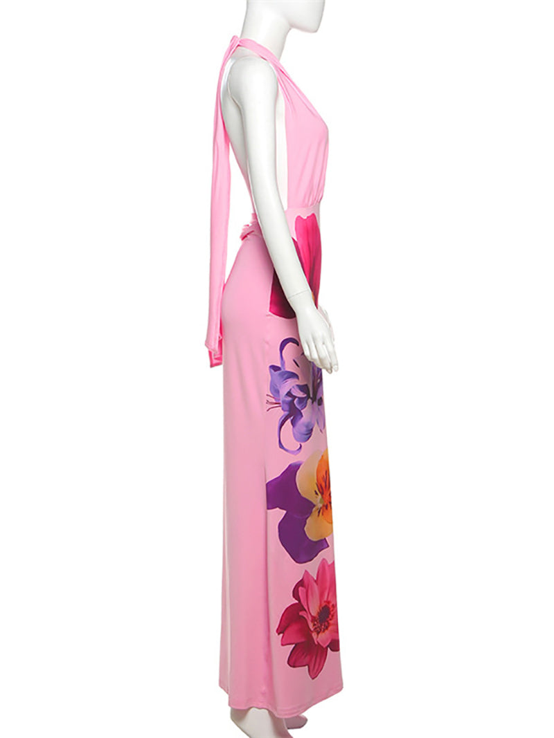 Sexy Deep V Halter Flower Print Slim Maxi Dress