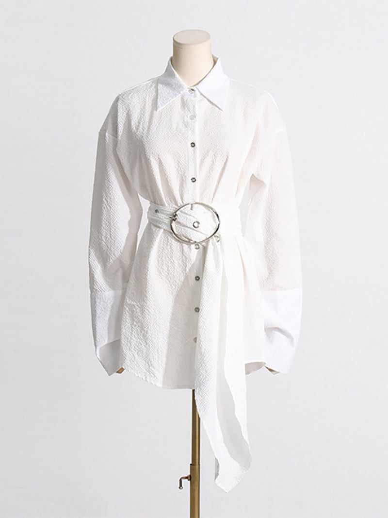 Solid Casual Patchwork Belt Lapel Blouse