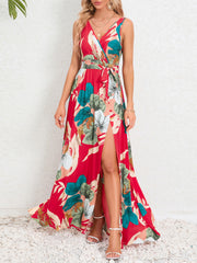 Sexy V Neck Print Sleeveless High Slit Dress