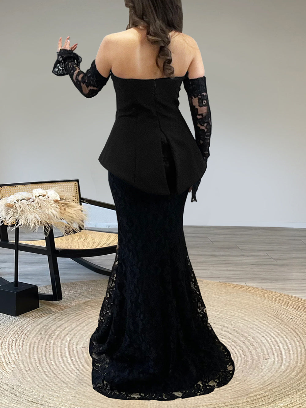 Elegant Tube Top Lace Fishtail Skirt Two Piece Set