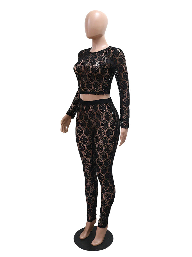 Sexy Lace See Through Top Pants Night Club Skinny Set