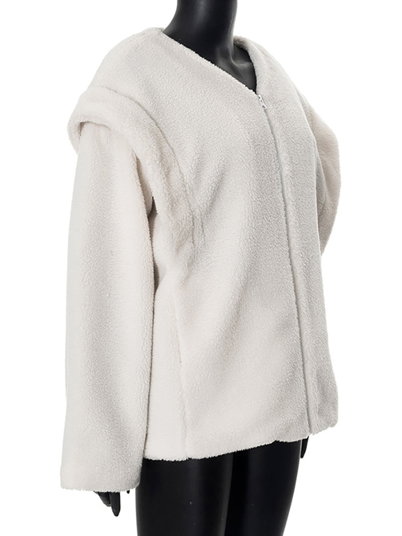 Fluff Lambwool V Neck Loose Zipper Coats