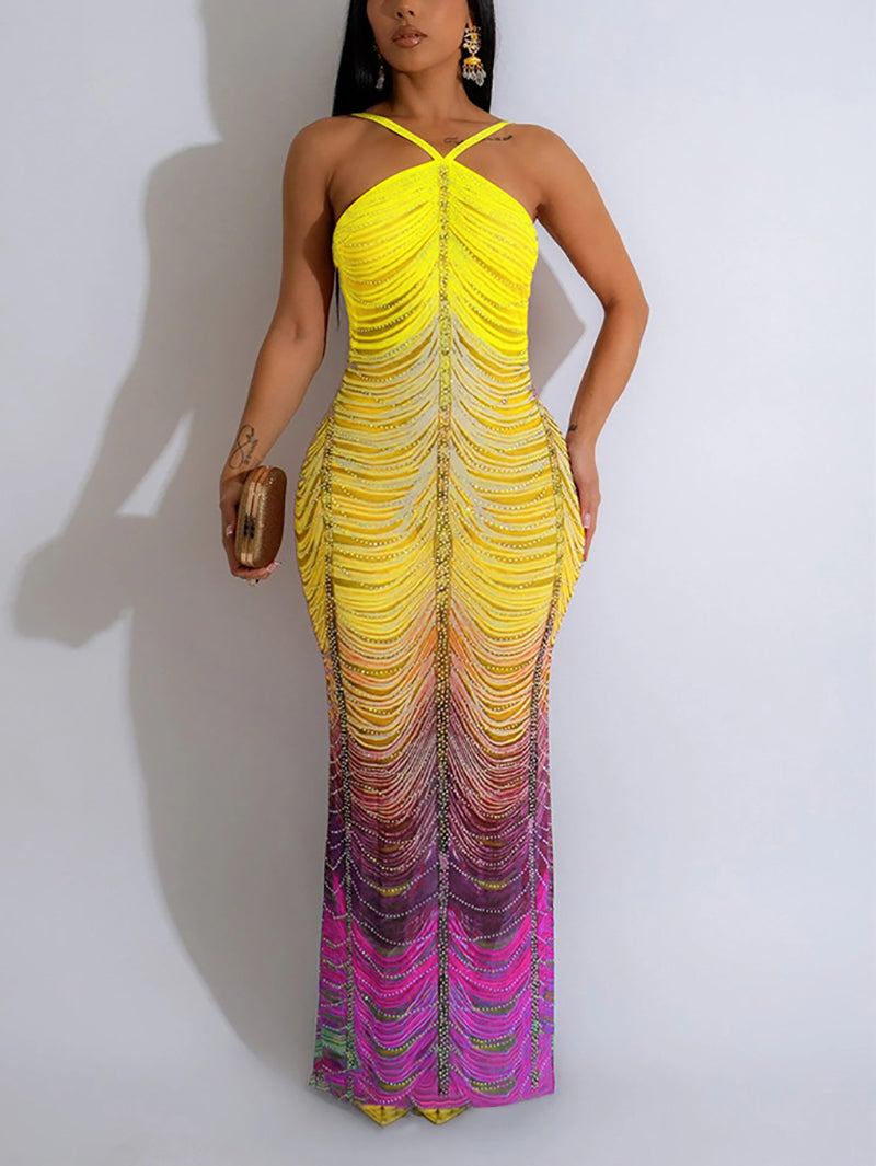 Gradient Color Print Rhinestones Sleeveless Maxi Dress