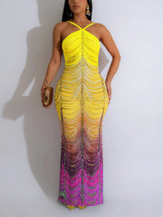 Gradient Color Print Rhinestones Sleeveless Maxi Dress