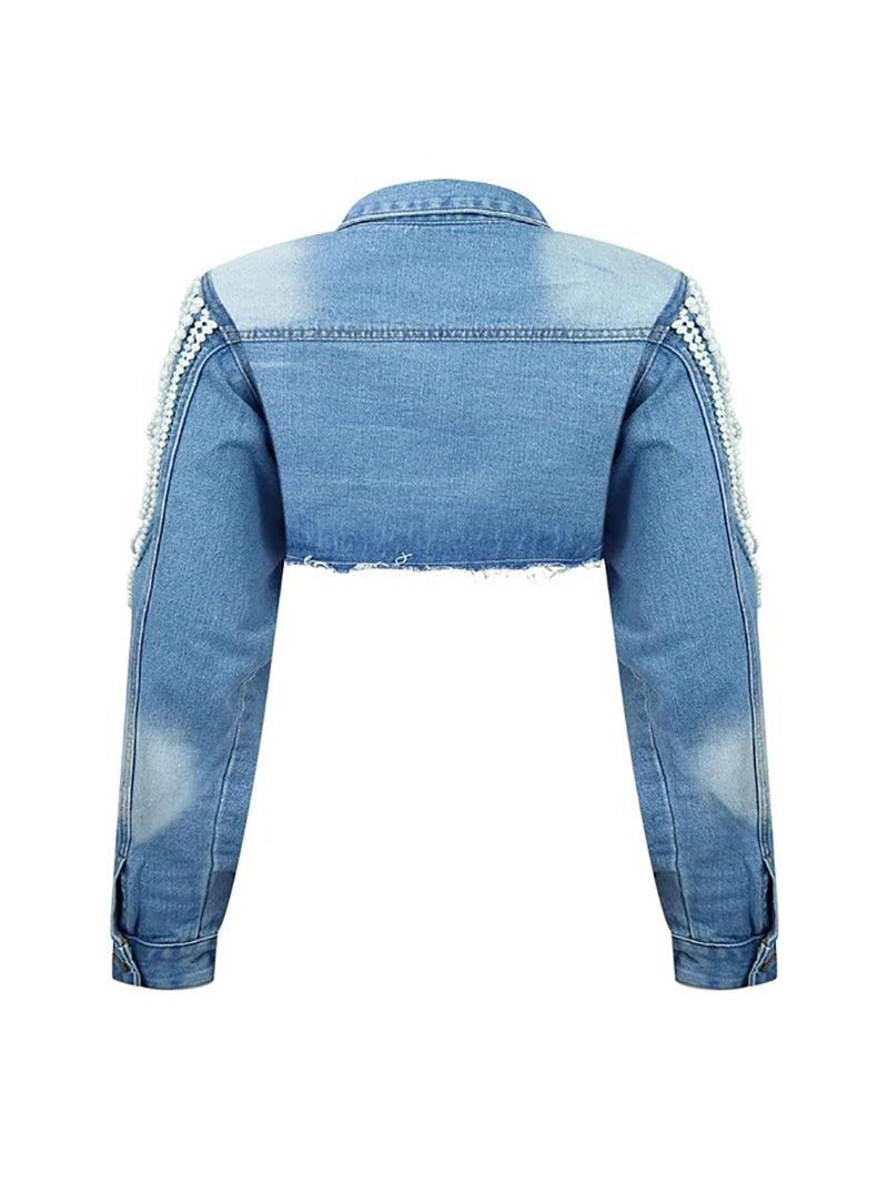 Pearl Detail Cropped Denim Jacket