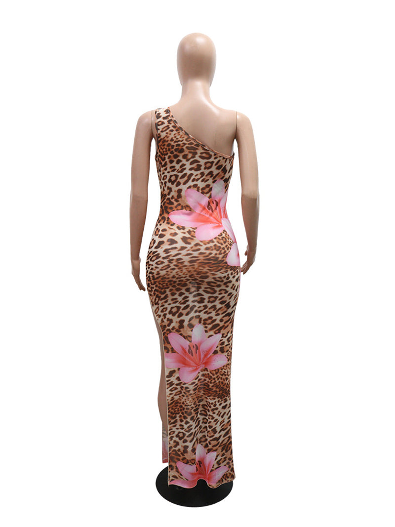 Sexy Sheer Mesh Leopard Print Maxi Dress