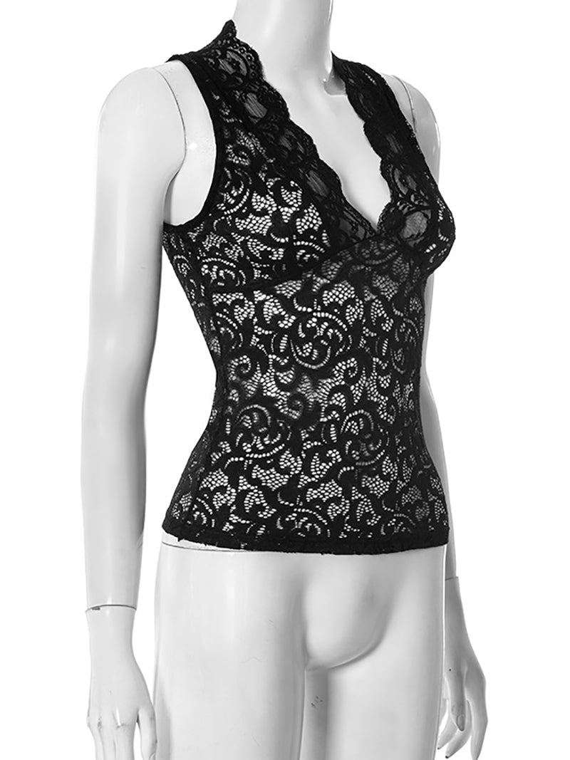 Sexy V Neck Mesh Lace See Through Tank Top