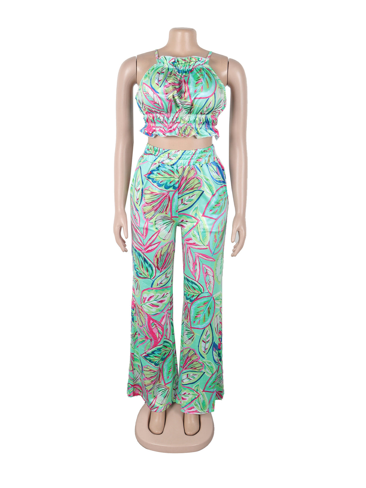 Sexy Print Crop Top High Waist Wide Leg Pants Set