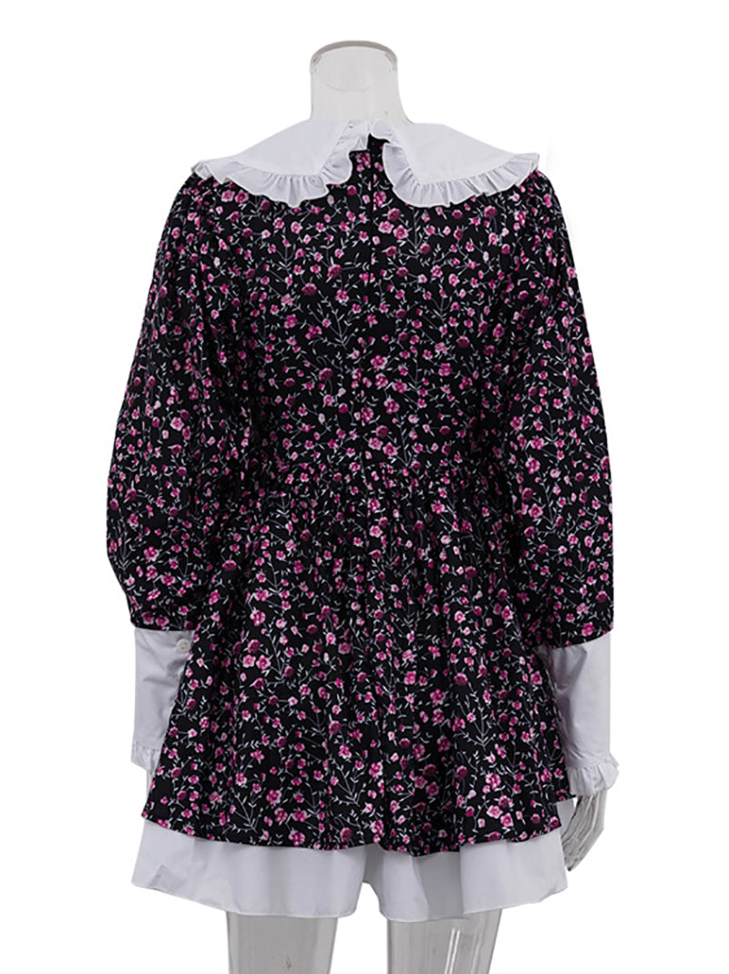 Doll Collar Flower Print Cinched Waist Mini Dress
