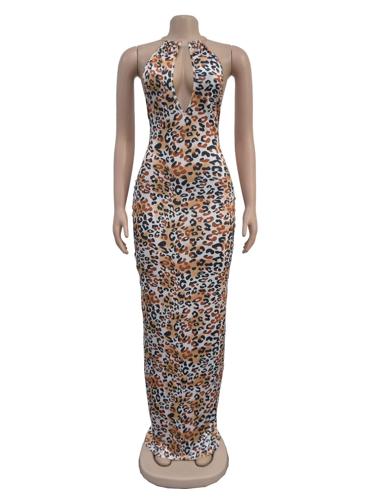 Leopard Print Backless Halter Deep V-Neck Maxi Dress