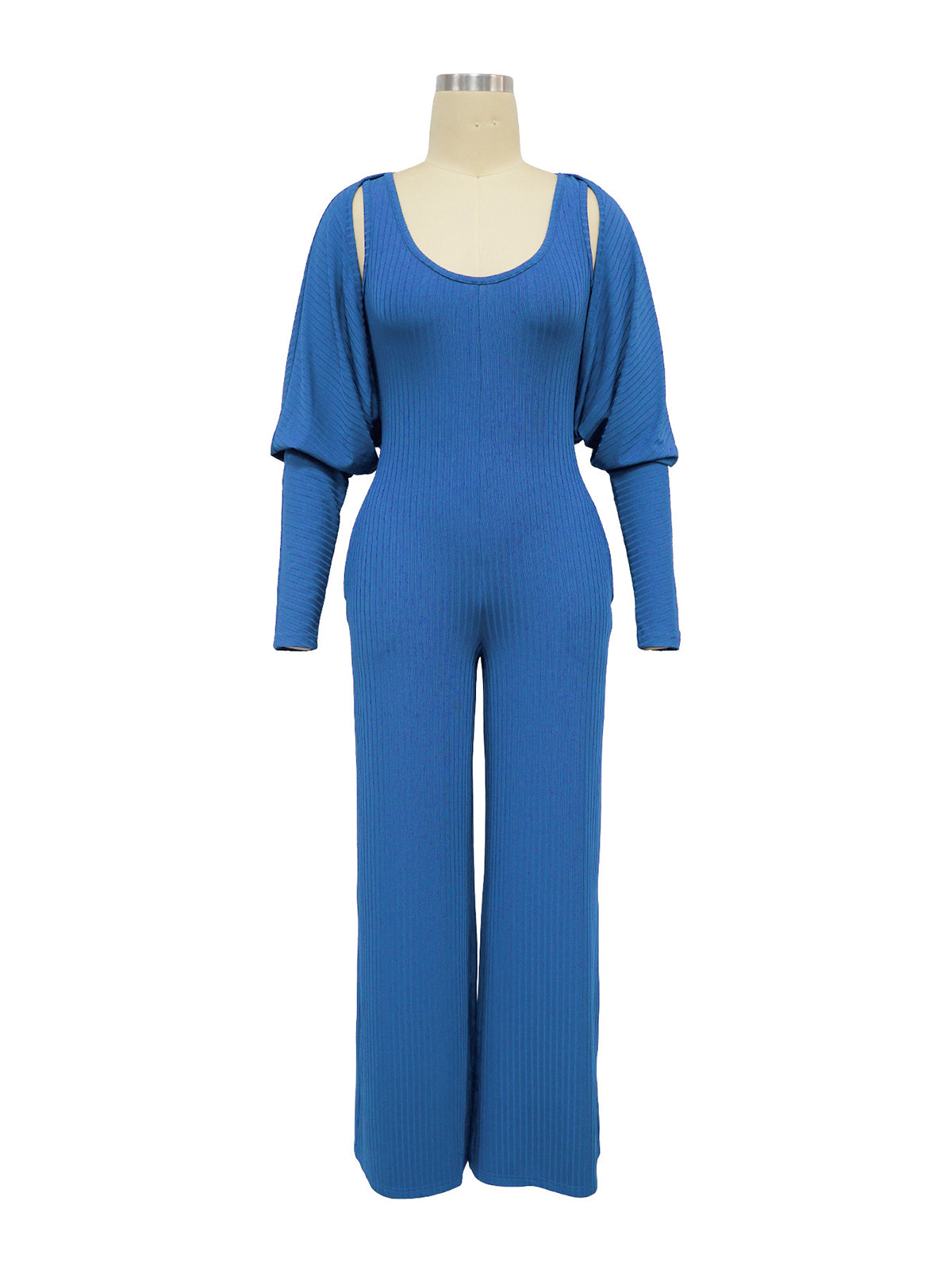 Casual Ribbed Jumpsuit Long Sleeve Cardigan Set