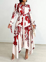 Fashion Lapel Print Cinched Waist Irregularity Dress
