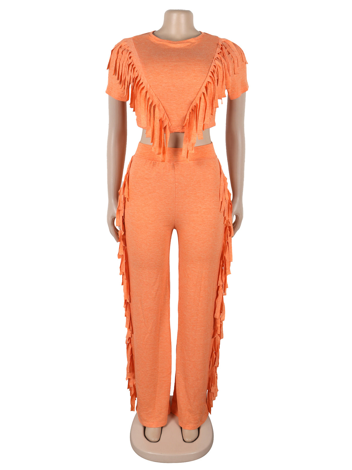 Fringe Crop Top Elastic Pants Casual Two Piece Sets