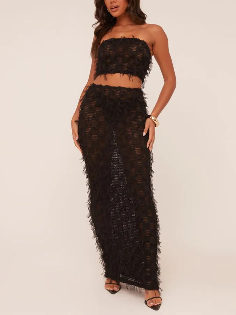 Solid Color Fringe Trim Tube Long Skirt Sets