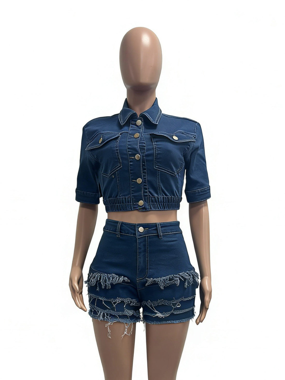 Casual Crop Denim Top Tassels Shorts Two Piece Set