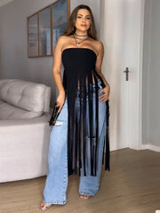 Strapless Fringe Suede Maxi Dress