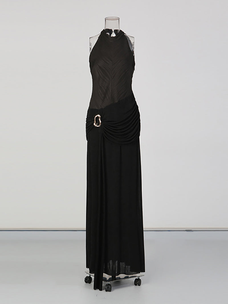 Round Neck Ruched Embellished Sleeveless Maxi Dress