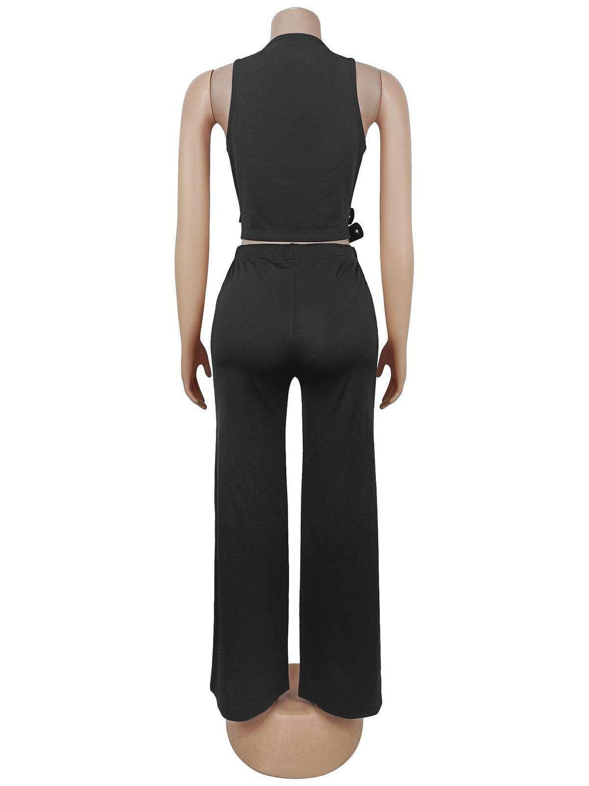 Sexy V-Neck Buckled Belt Top and Pants 2 Piece Set