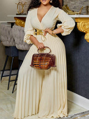 Elegant V Neck Pleated Wide Leg Jumpsuit