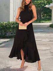 Casual Sleeveless Bandage Front Frill Maxi Dress