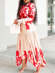 Casual Floral Print Long Sleeve Irregular Hem Maxi Dres