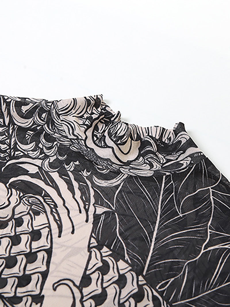 Turtleneck Print Sheer Mesh Bodycon Maxi Dress