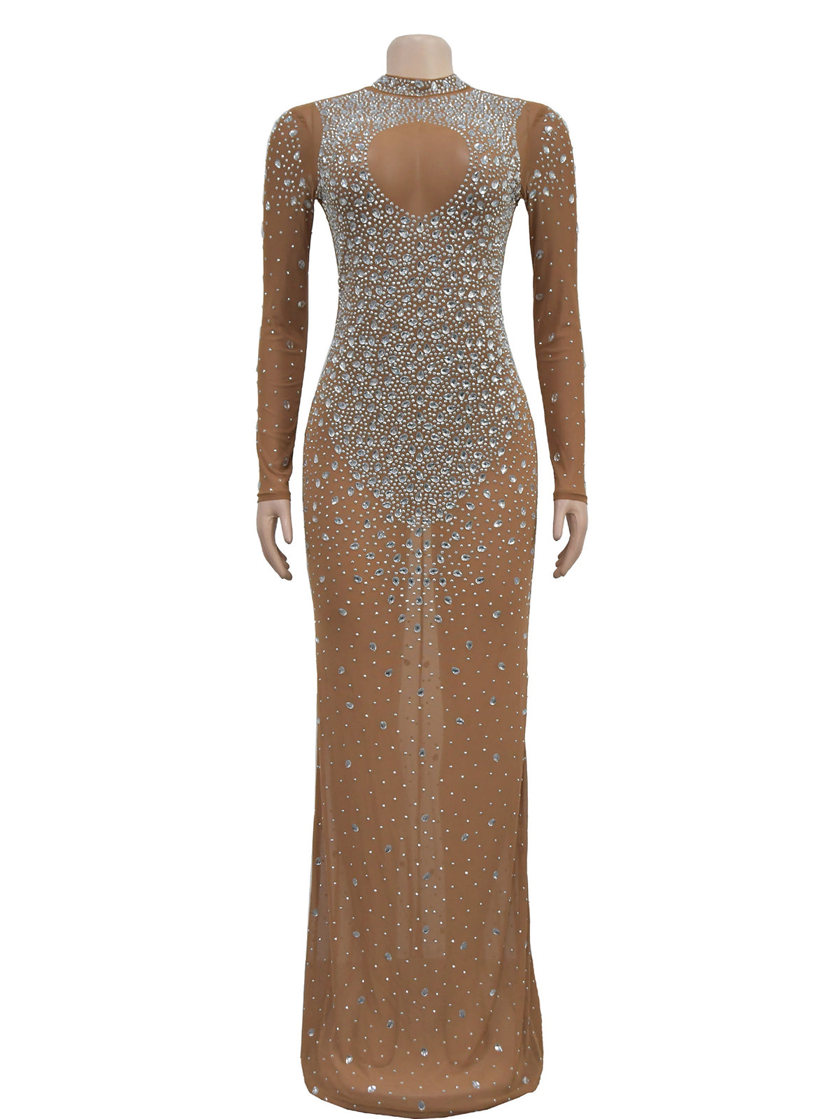 Sexy See Through Mesh Rhinestone Maxi Dress