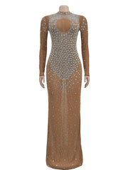 Sexy See Through Mesh Rhinestone Maxi Dress