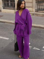 Women's Tie Front Top and Wide Leg Pants Set
