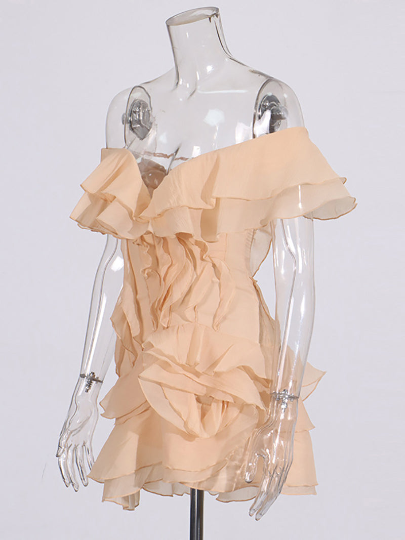 Plunge Off Shoulder Ruffle Tiered Party Mini Dress