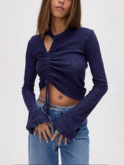 Long Sleeve Hollow Out Drawstring Crop Top